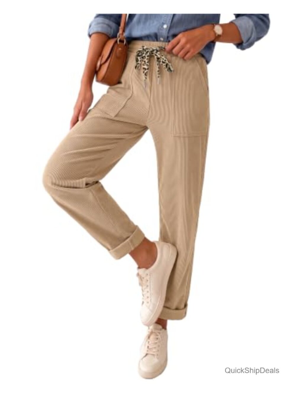 Corduroy Straight Leg Pants High Waist Drawstring Pull On Trousers